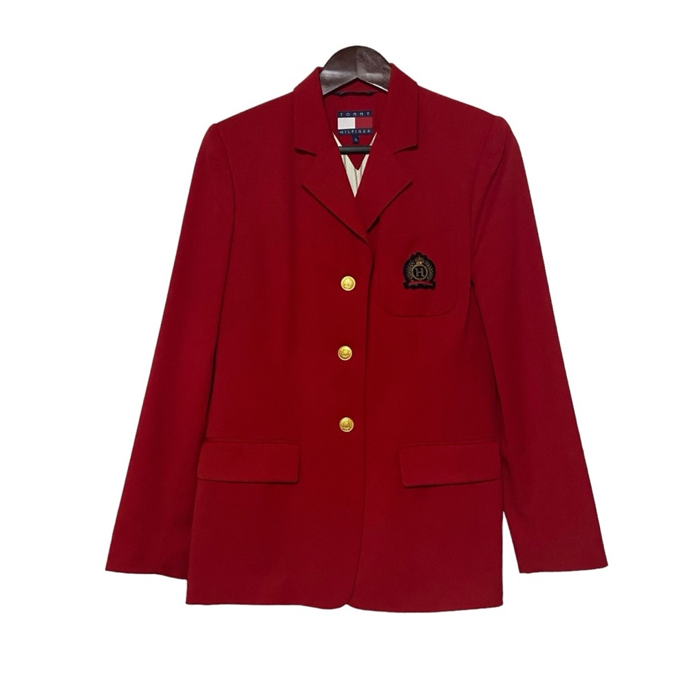 Tommy Hilfiger Womens Vintage Wool Crest Blazer Sport Coat Red
